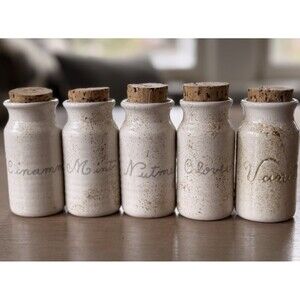 Spice Jars Set of 5 Stoneware Cork Top Pottery Beige Brown 3 3/4" tall Vintage